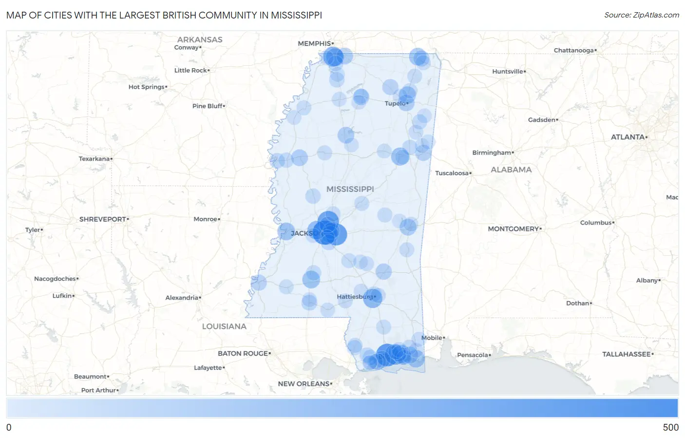 Cities with the Largest British Community in Mississippi Map