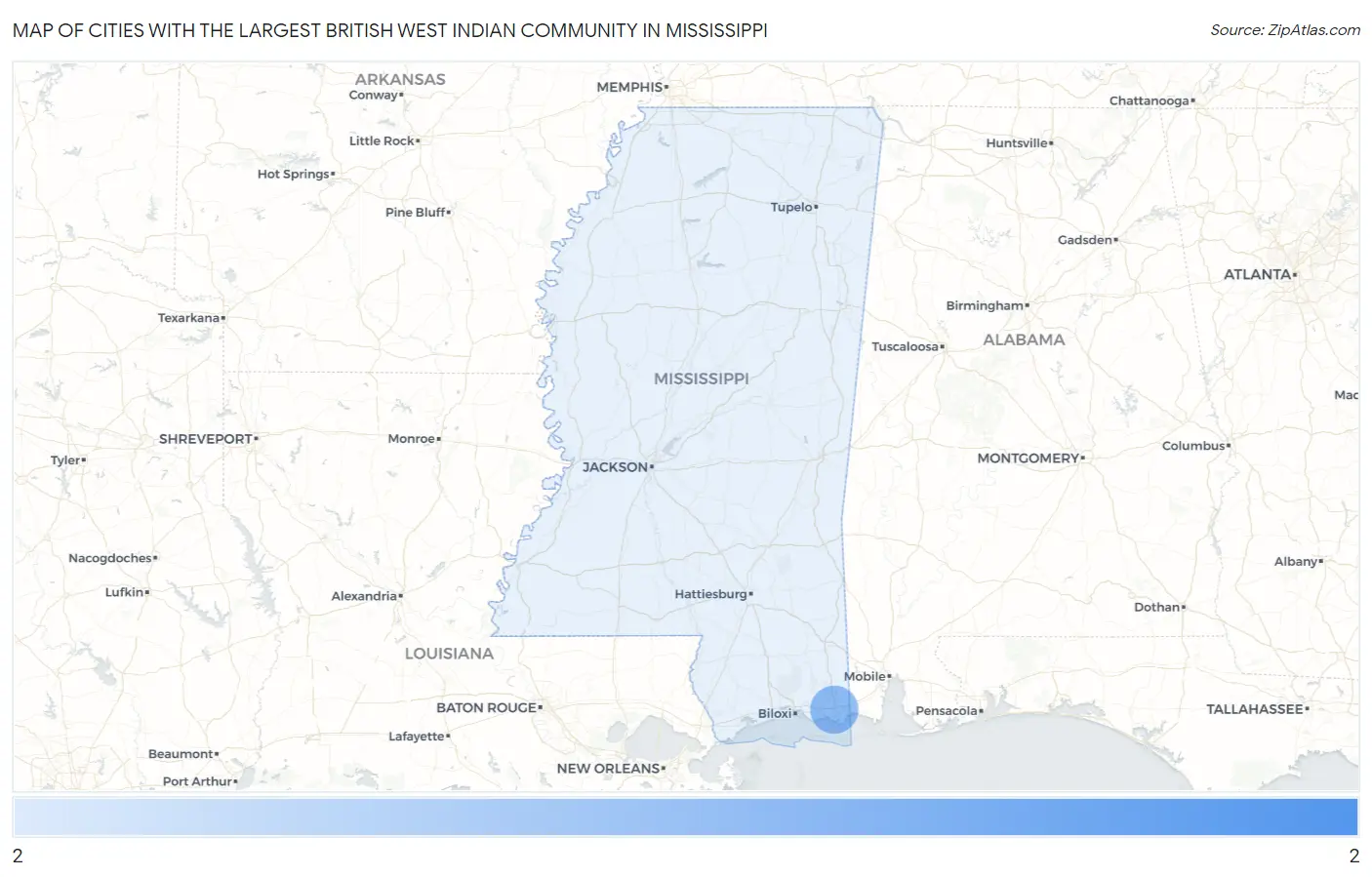 Cities with the Largest British West Indian Community in Mississippi Map