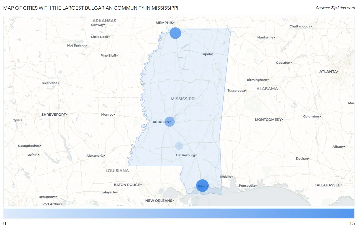 Cities with the Largest Bulgarian Community in Mississippi Map