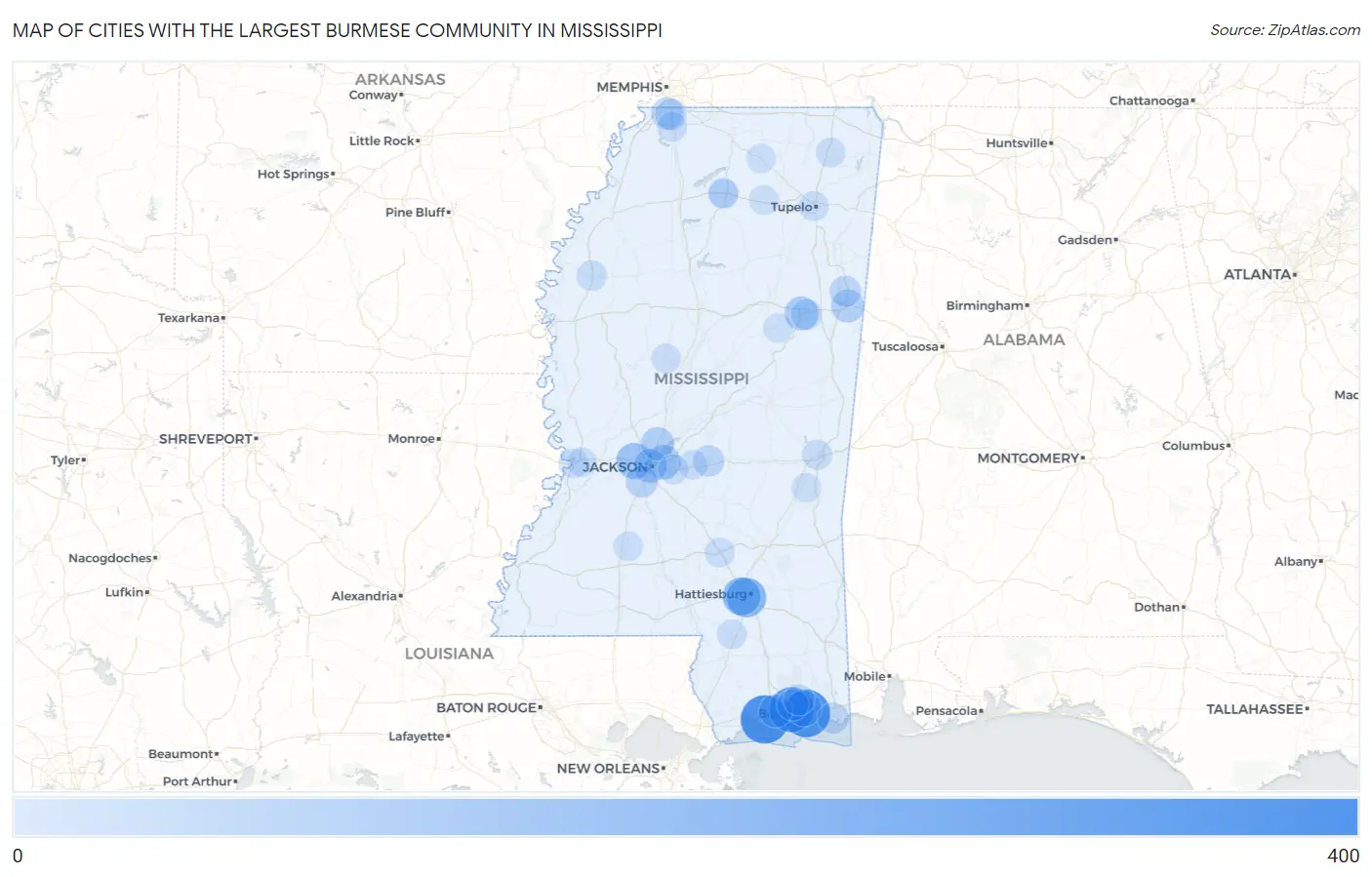 Cities with the Largest Burmese Community in Mississippi Map