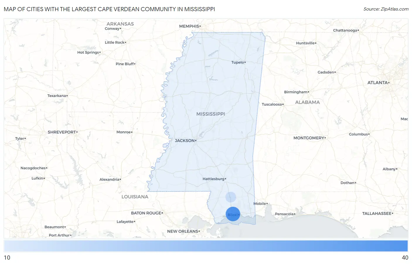 Cities with the Largest Cape Verdean Community in Mississippi Map