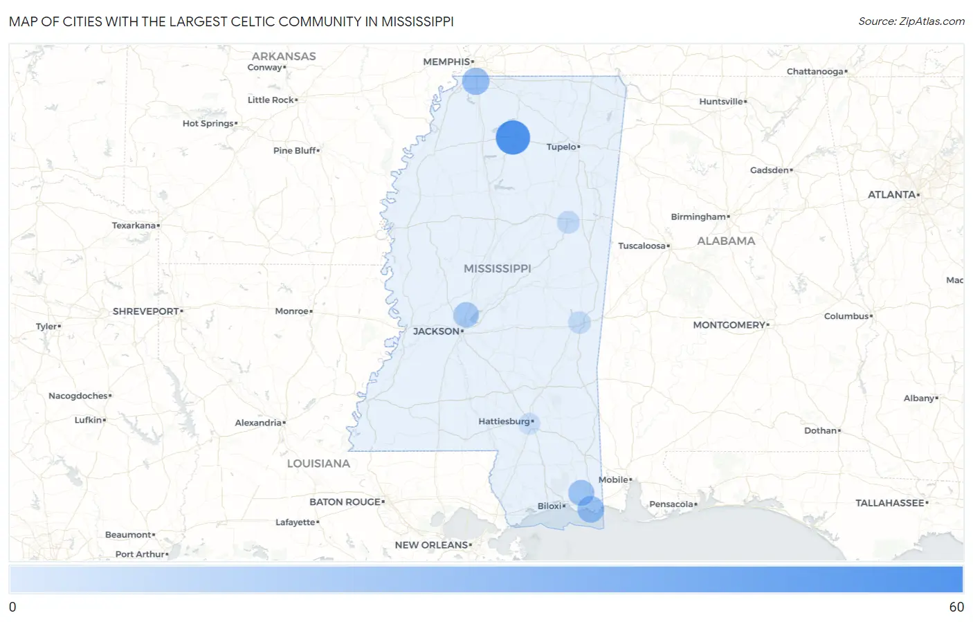 Cities with the Largest Celtic Community in Mississippi Map