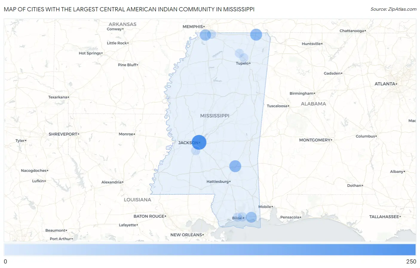 Cities with the Largest Central American Indian Community in Mississippi Map
