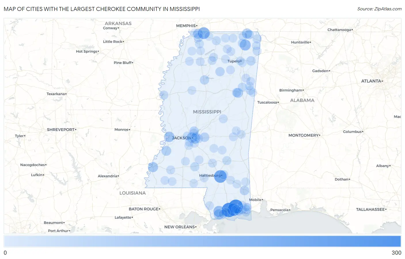 Cities with the Largest Cherokee Community in Mississippi Map