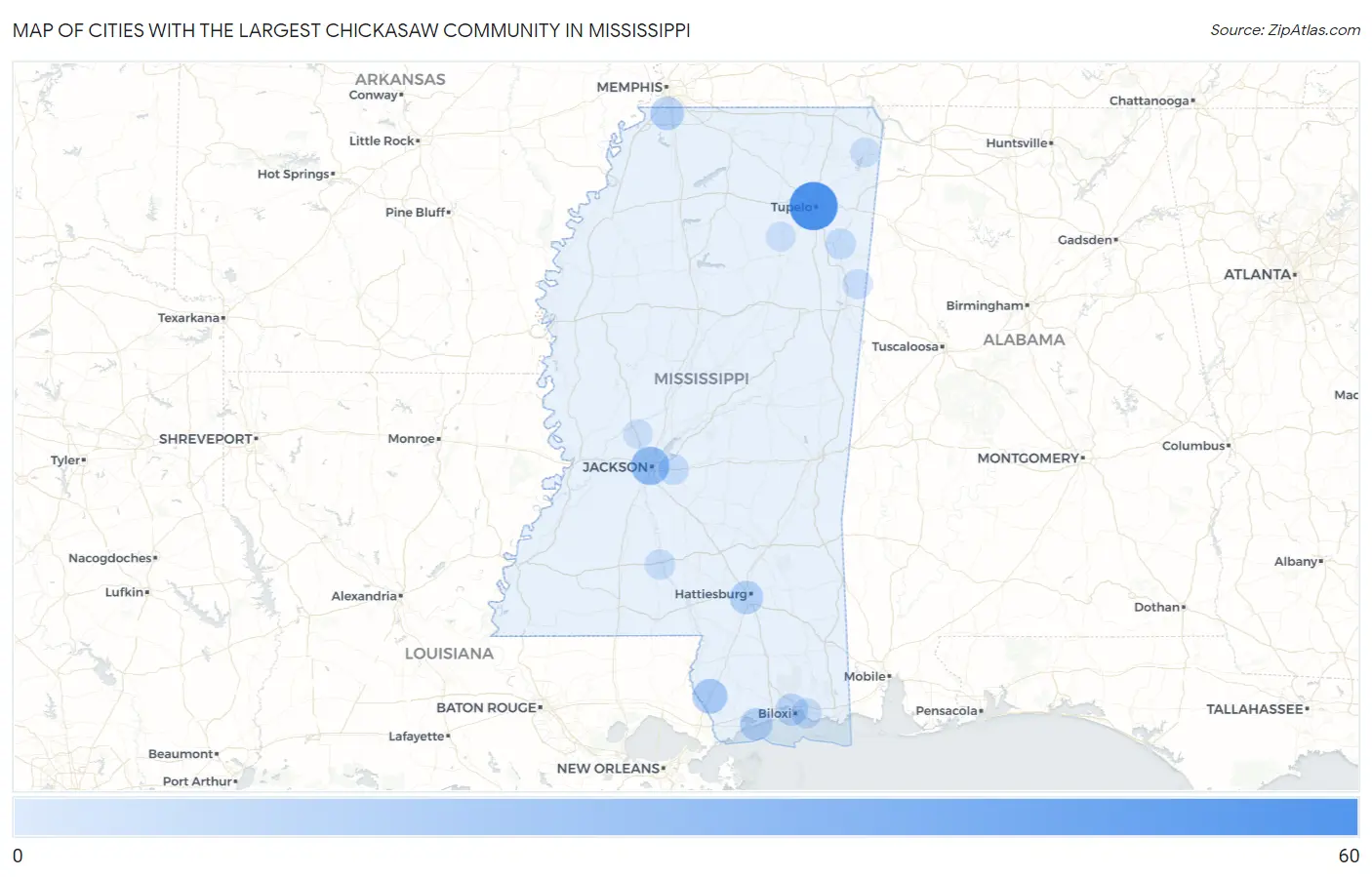 Cities with the Largest Chickasaw Community in Mississippi Map