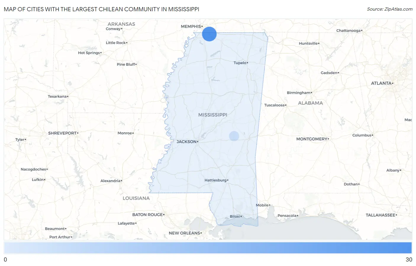 Cities with the Largest Chilean Community in Mississippi Map
