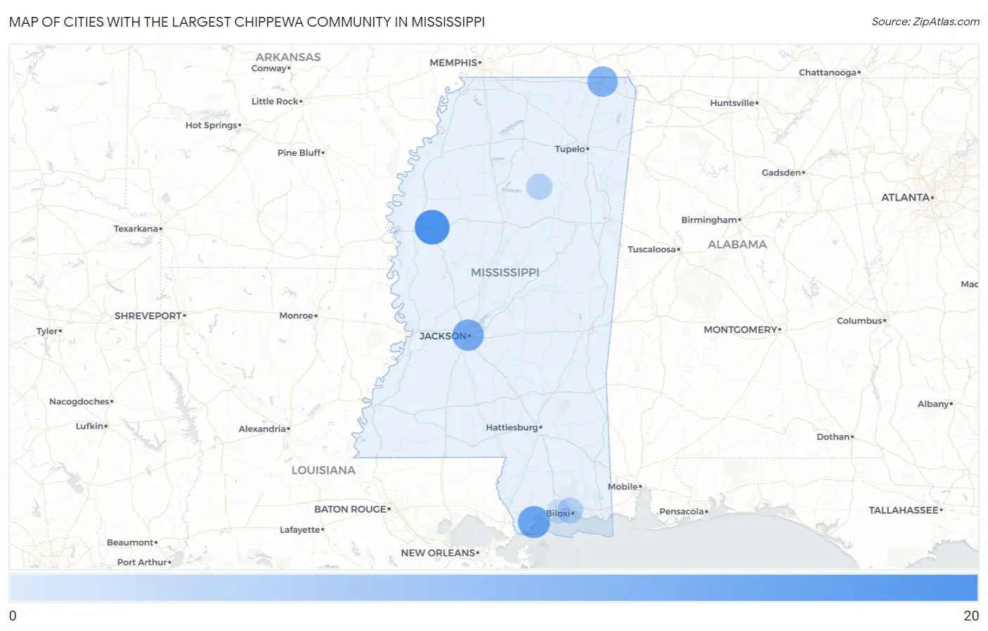 Cities with the Largest Chippewa Community in Mississippi Map