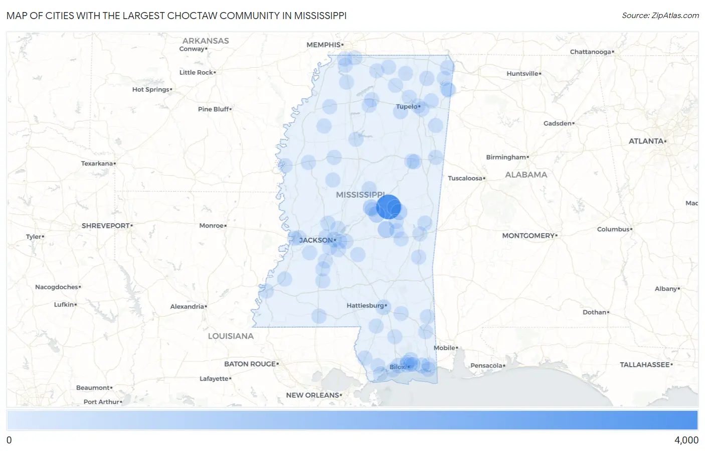 Cities with the Largest Choctaw Community in Mississippi Map