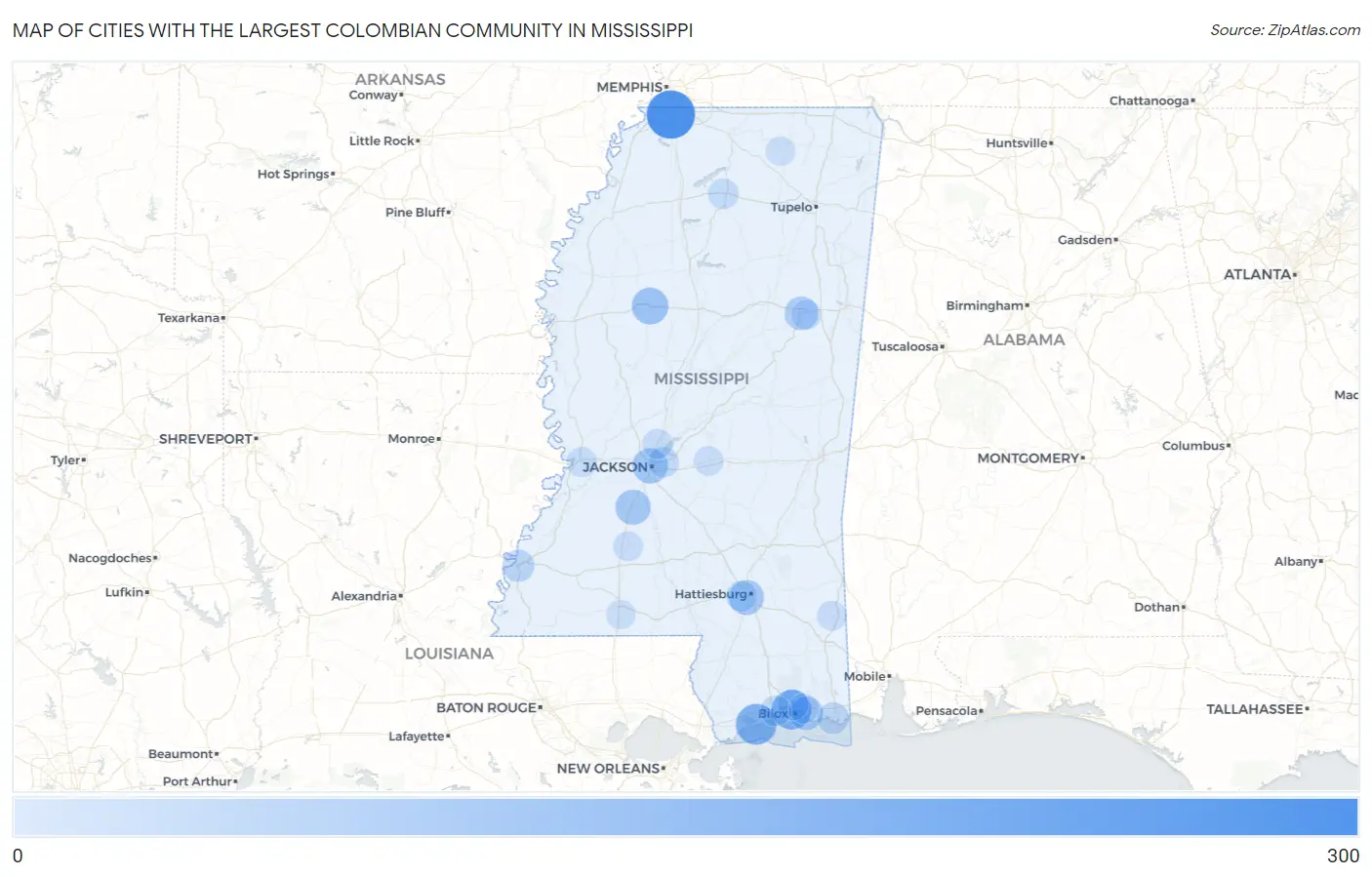 Cities with the Largest Colombian Community in Mississippi Map