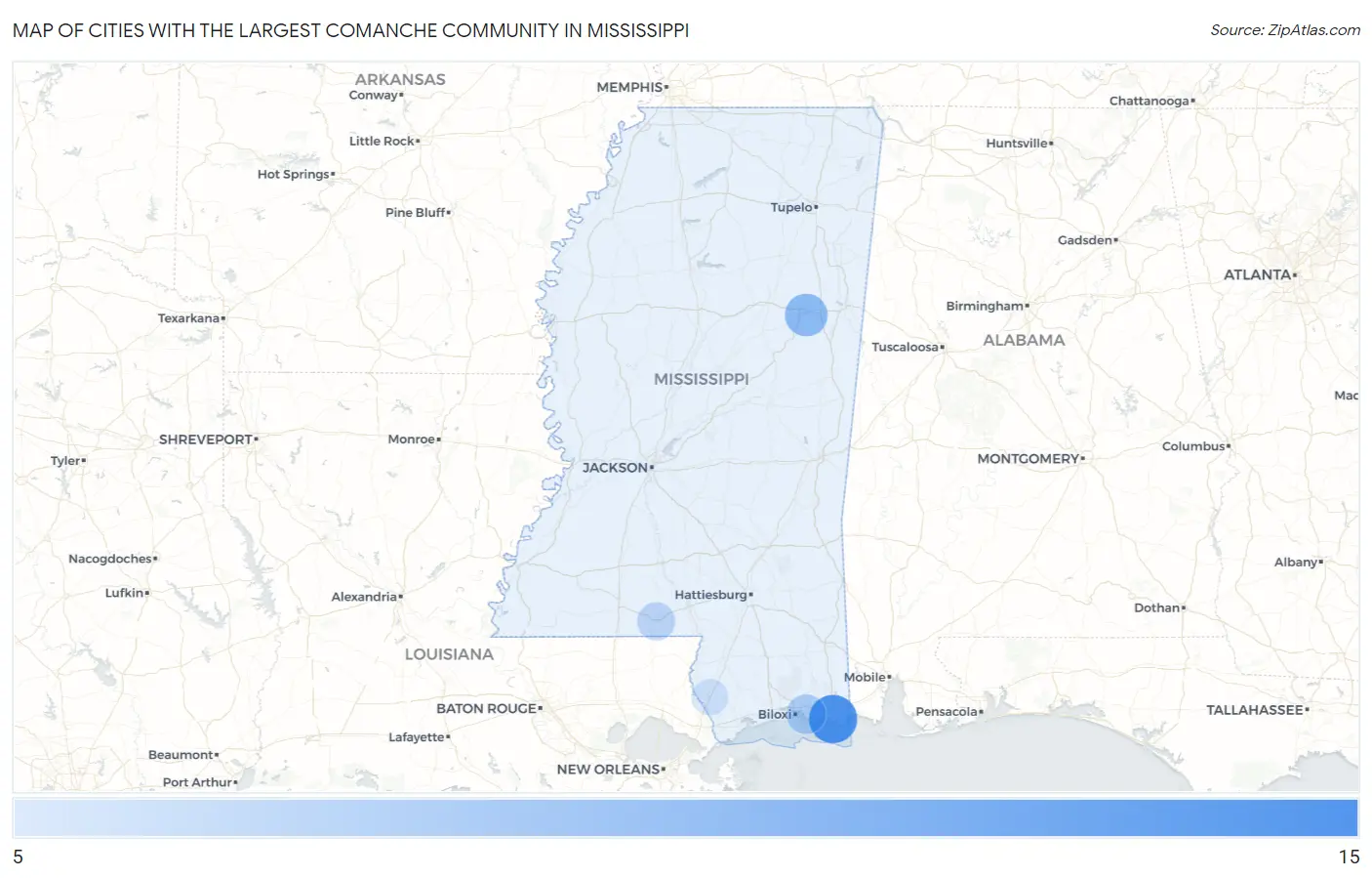 Cities with the Largest Comanche Community in Mississippi Map