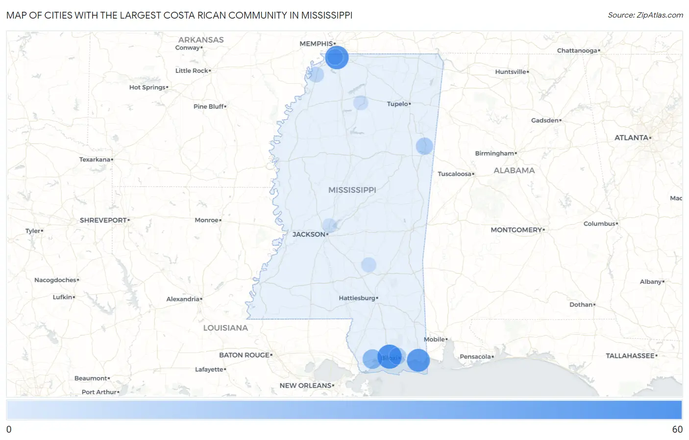 Cities with the Largest Costa Rican Community in Mississippi Map