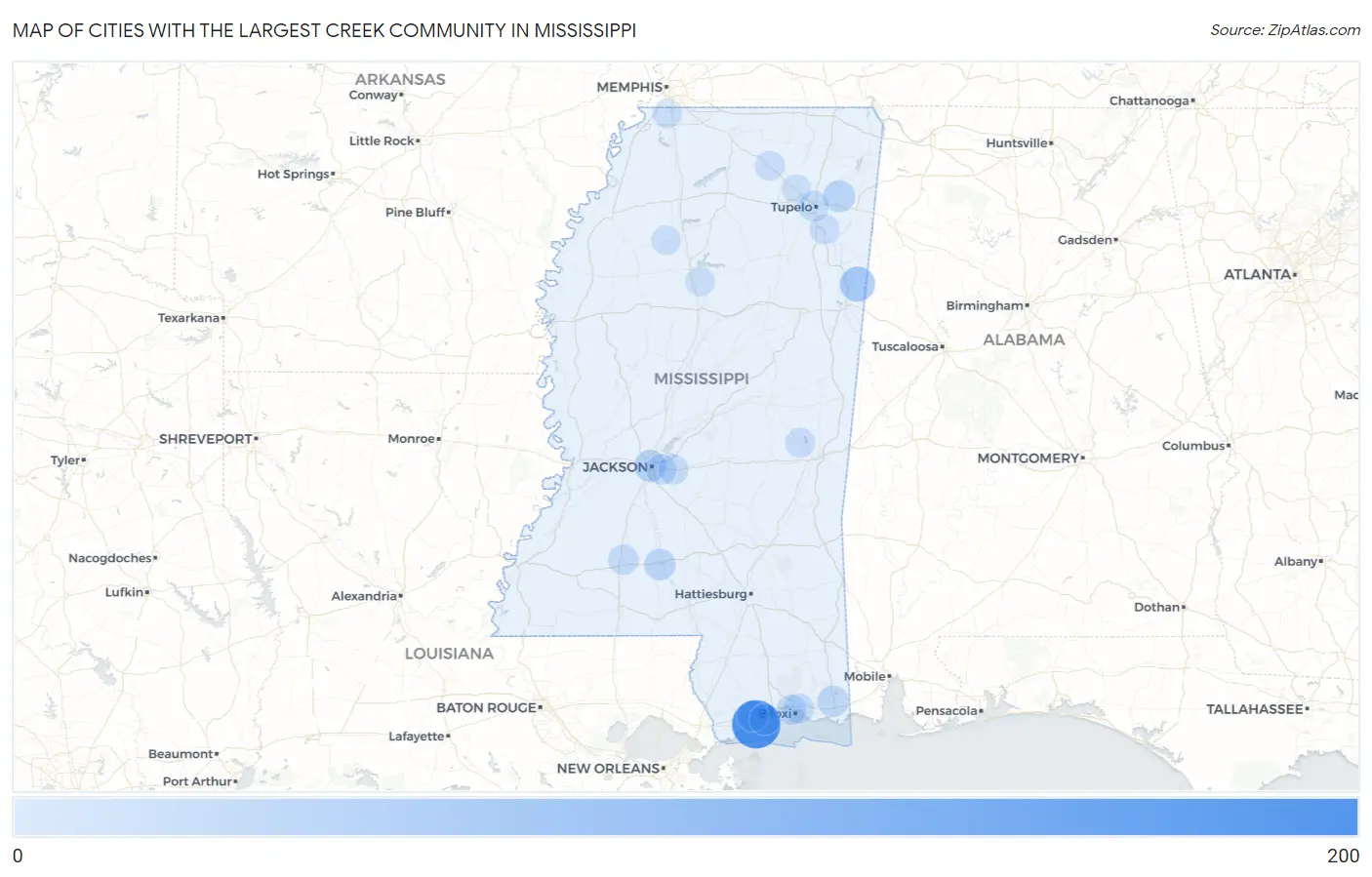 Cities with the Largest Creek Community in Mississippi Map