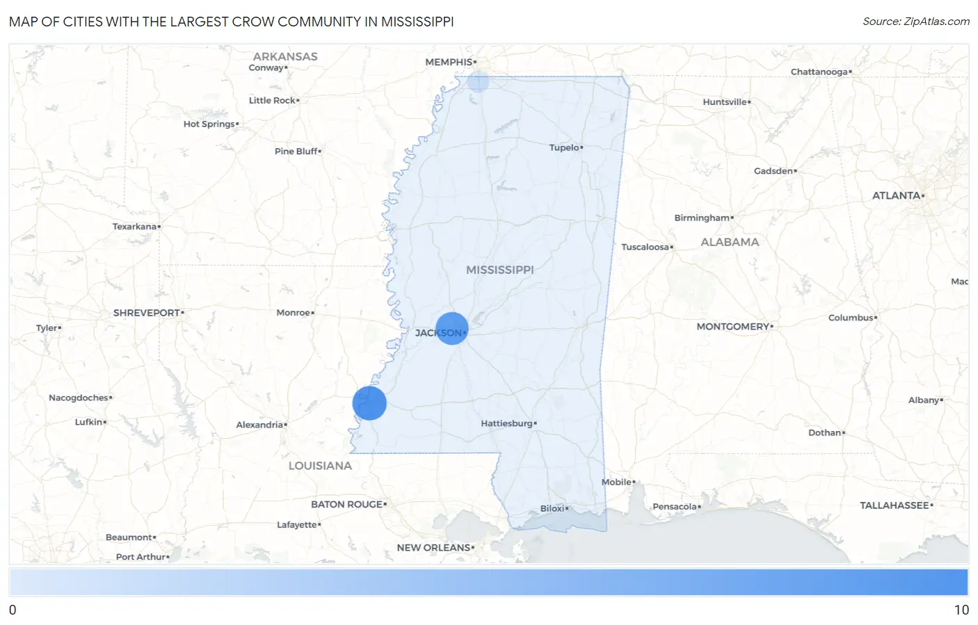 Cities with the Largest Crow Community in Mississippi Map