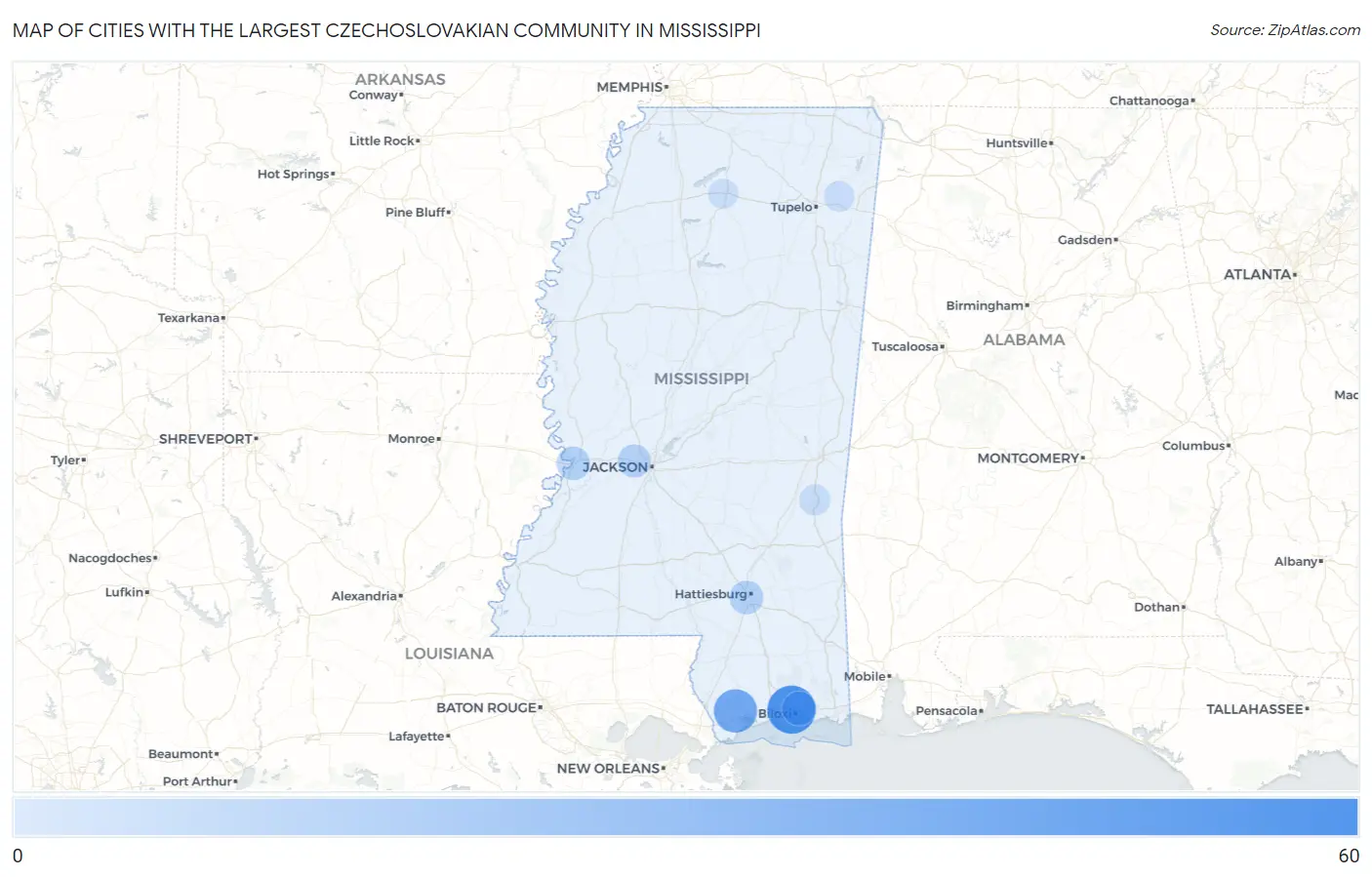 Cities with the Largest Czechoslovakian Community in Mississippi Map
