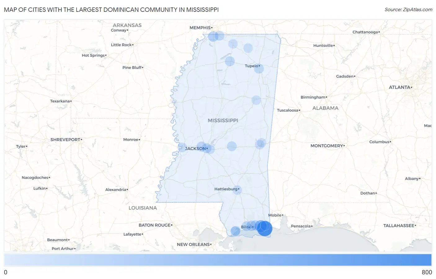 Cities with the Largest Dominican Community in Mississippi Map
