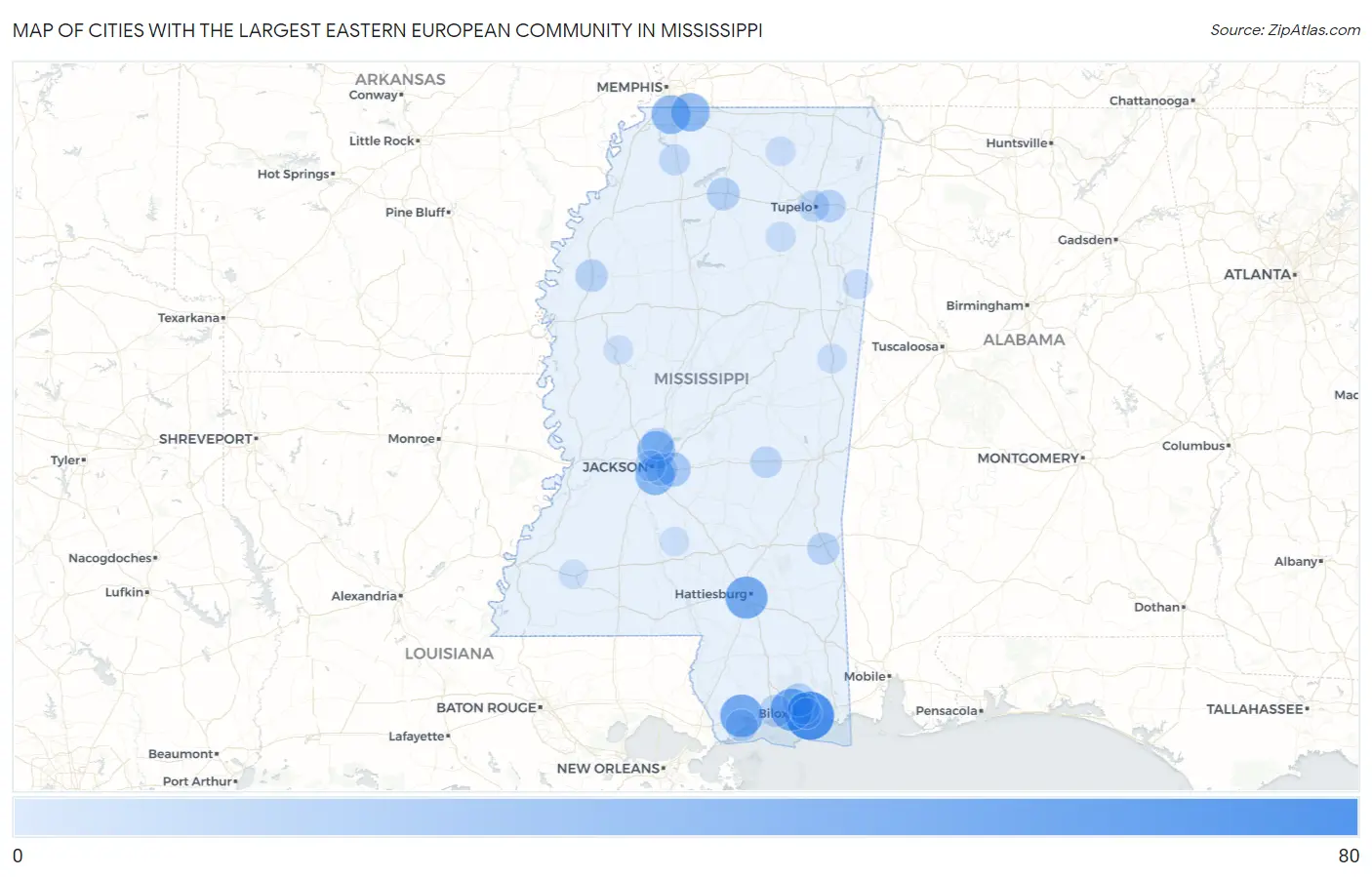 Cities with the Largest Eastern European Community in Mississippi Map