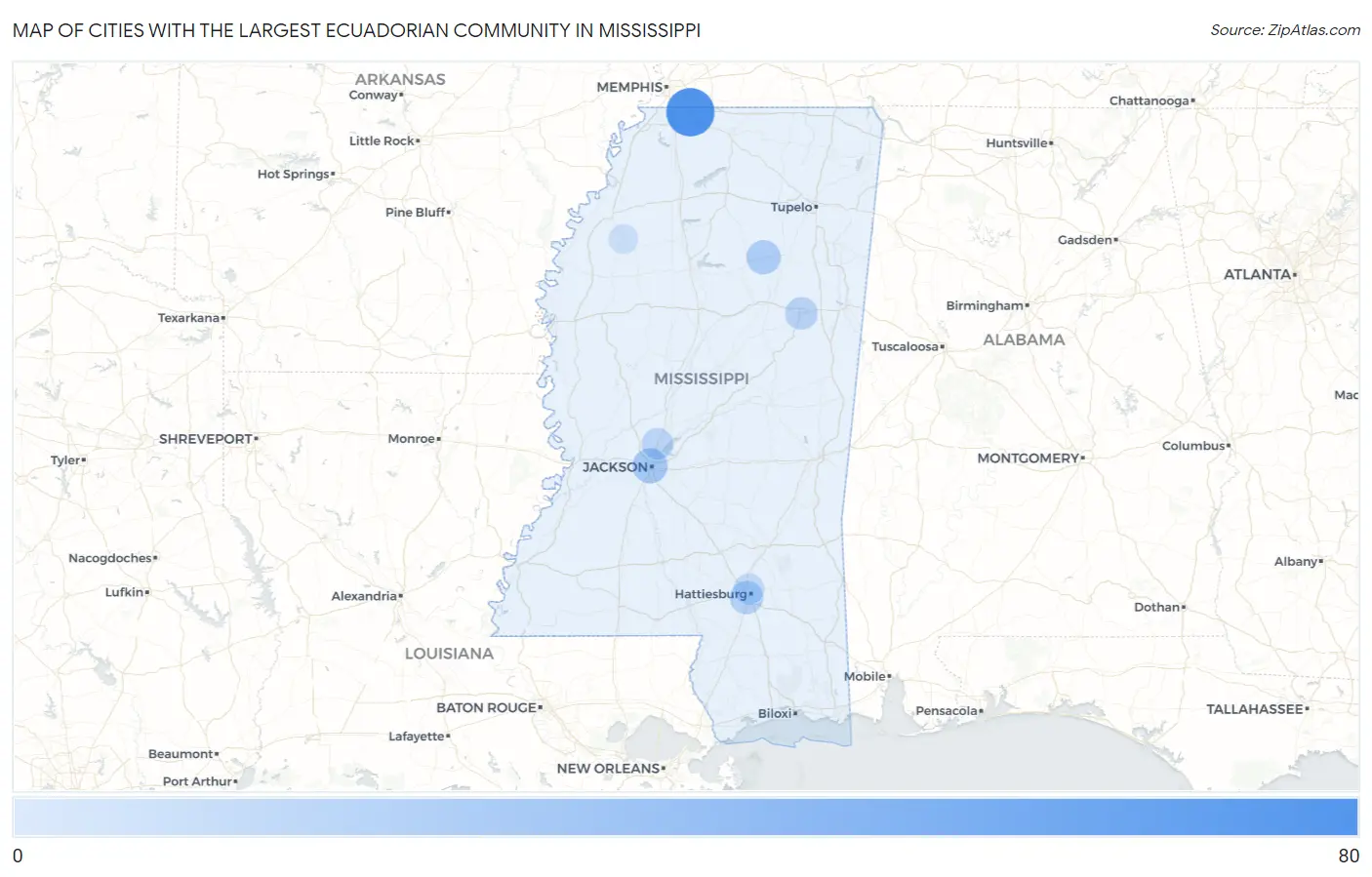Cities with the Largest Ecuadorian Community in Mississippi Map