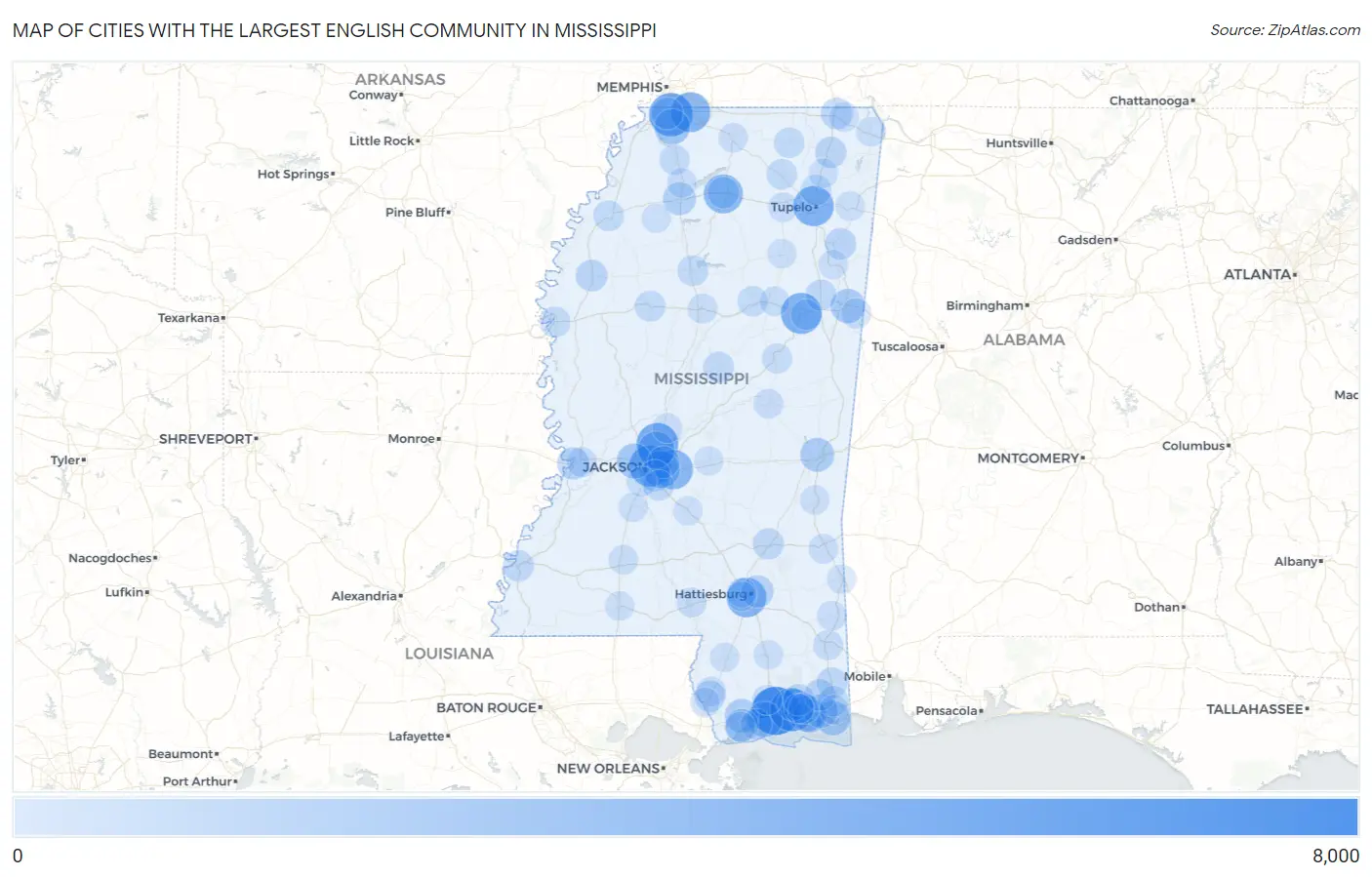 Cities with the Largest English Community in Mississippi Map