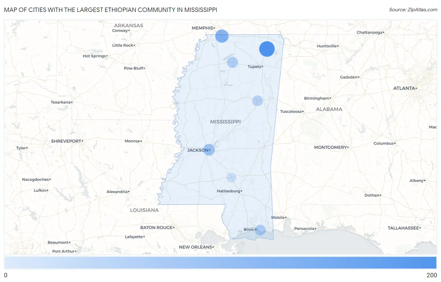 Cities with the Largest Ethiopian Community in Mississippi Map
