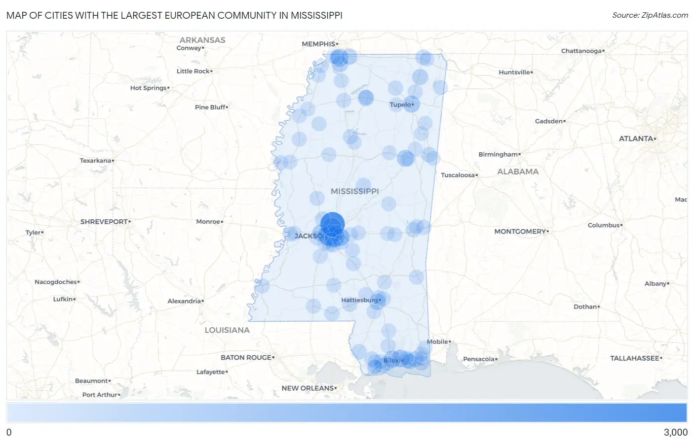 Cities with the Largest European Community in Mississippi Map