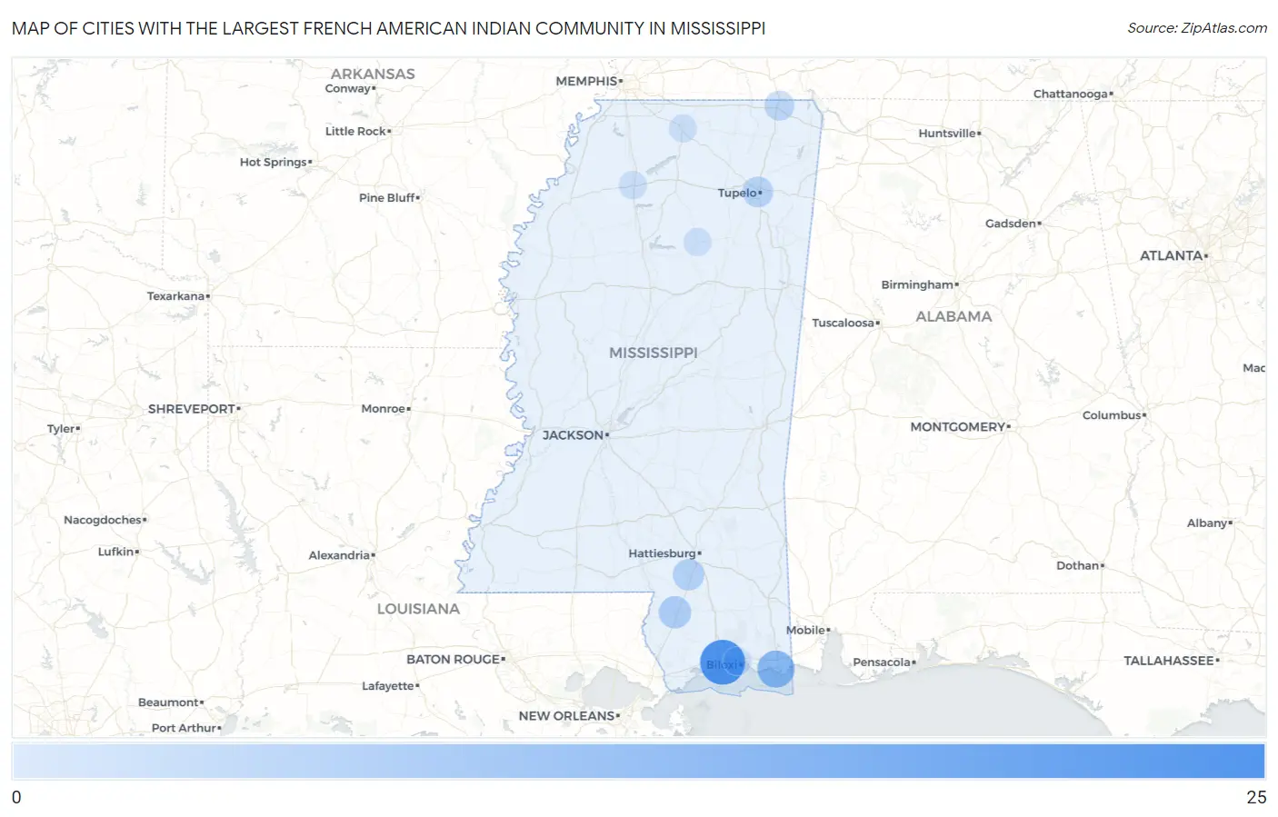 Cities with the Largest French American Indian Community in Mississippi Map