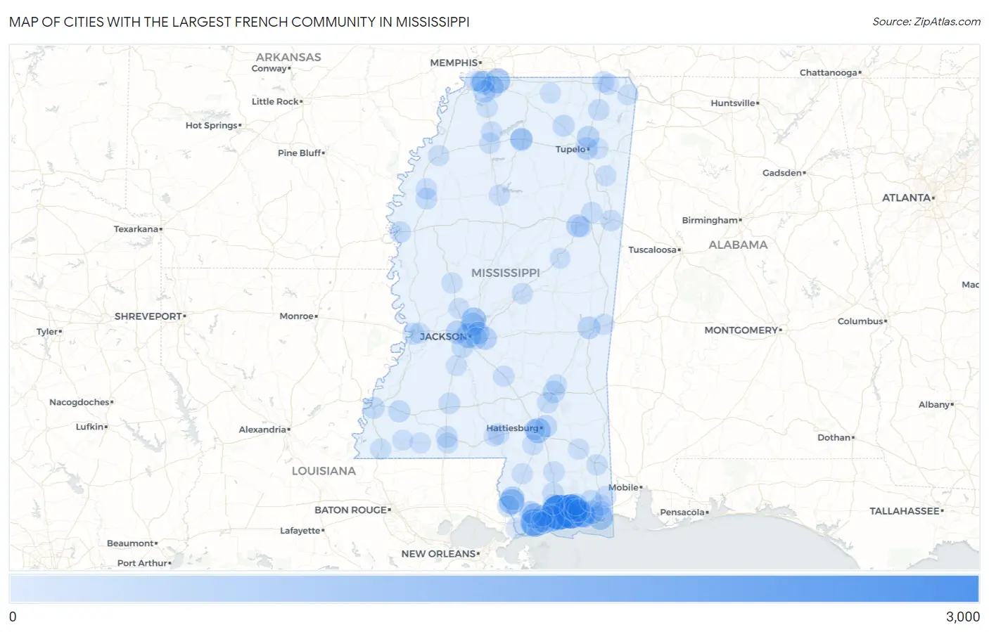 Cities with the Largest French Community in Mississippi Map