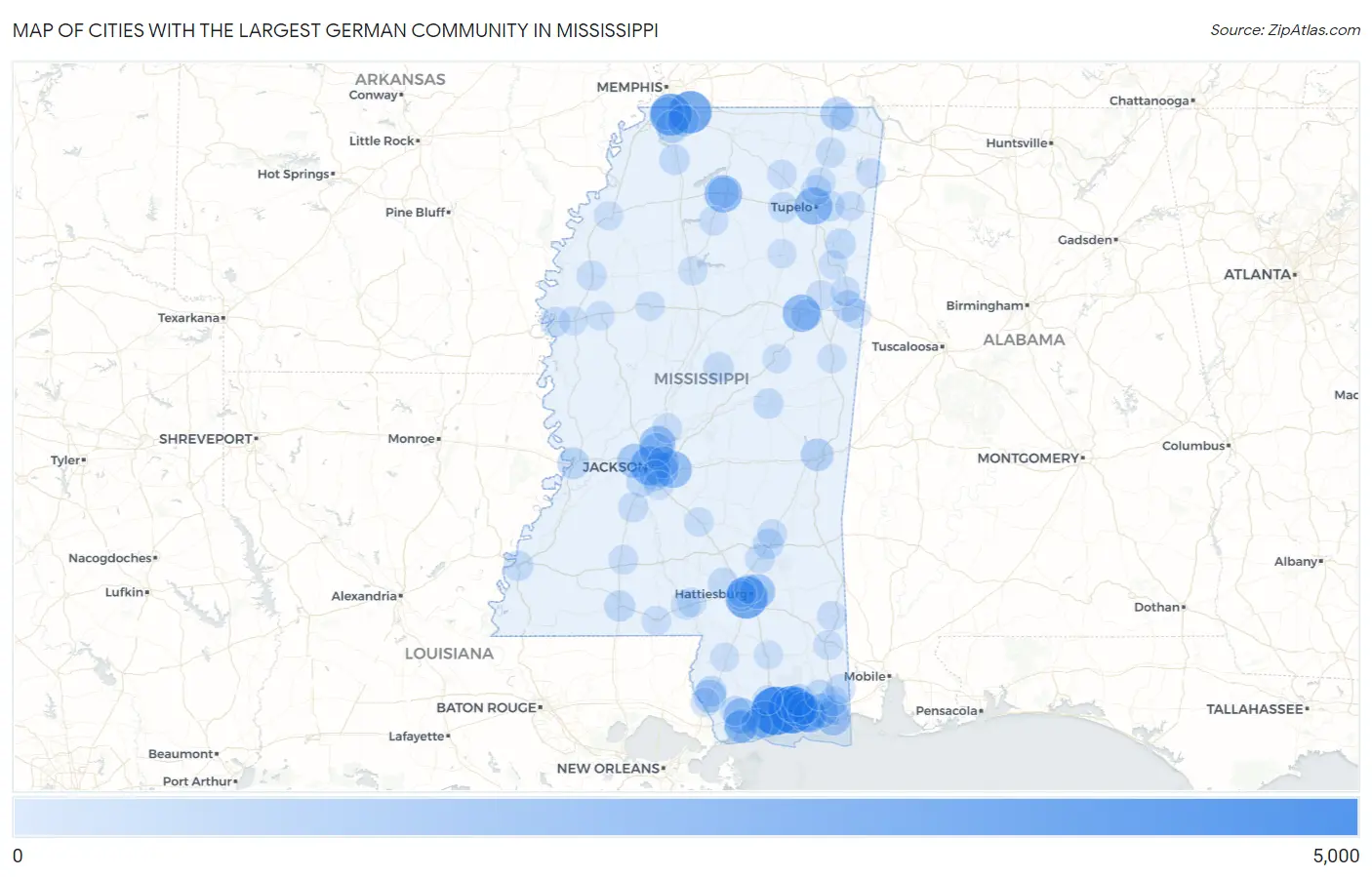 Cities with the Largest German Community in Mississippi Map