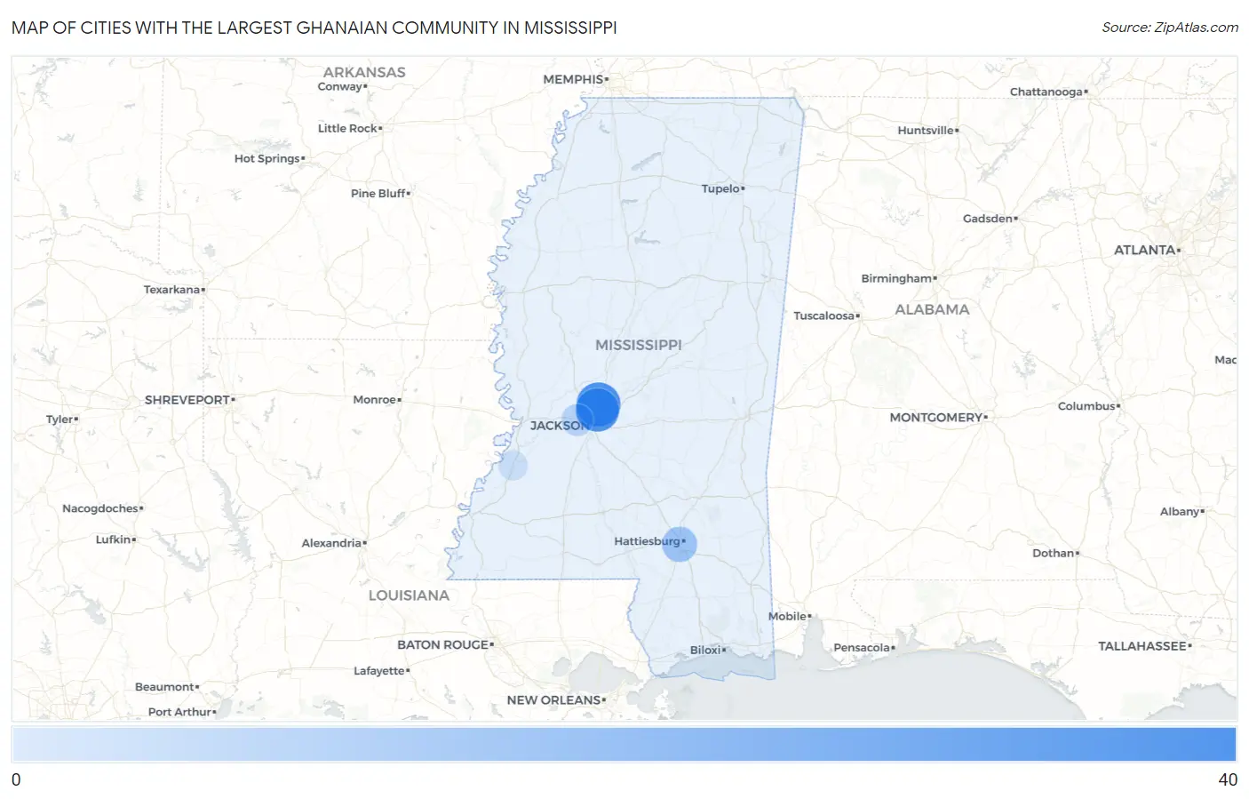 Cities with the Largest Ghanaian Community in Mississippi Map