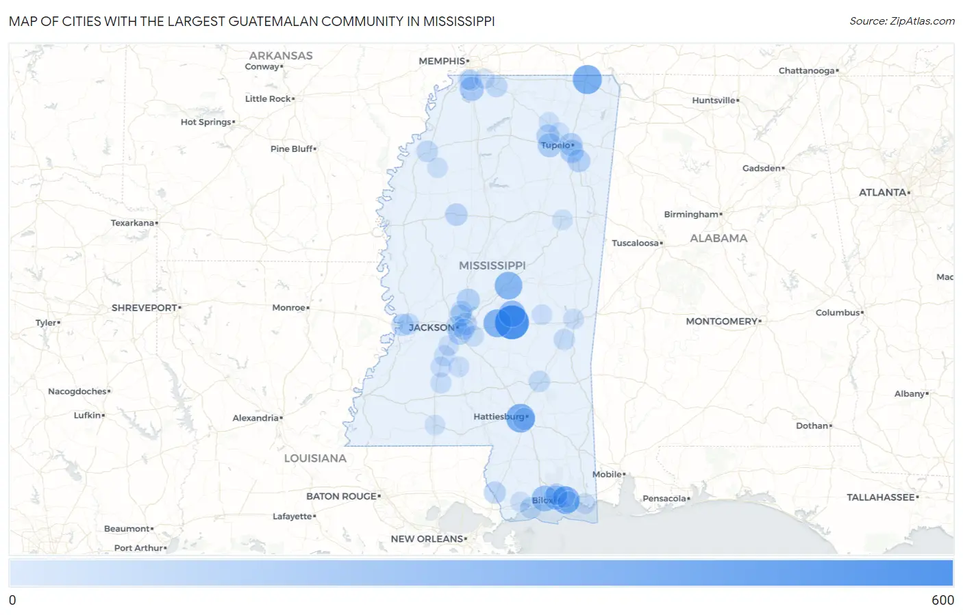 Cities with the Largest Guatemalan Community in Mississippi Map