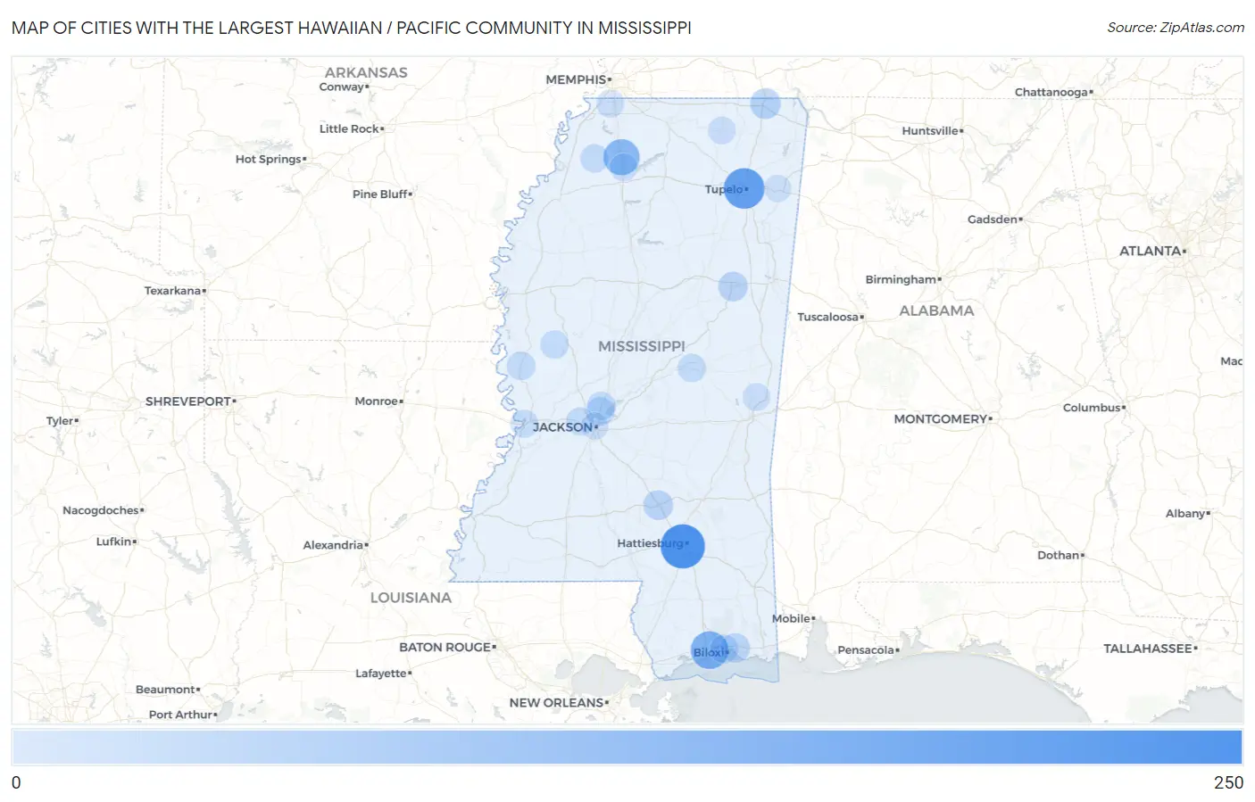 Cities with the Largest Hawaiian / Pacific Community in Mississippi Map