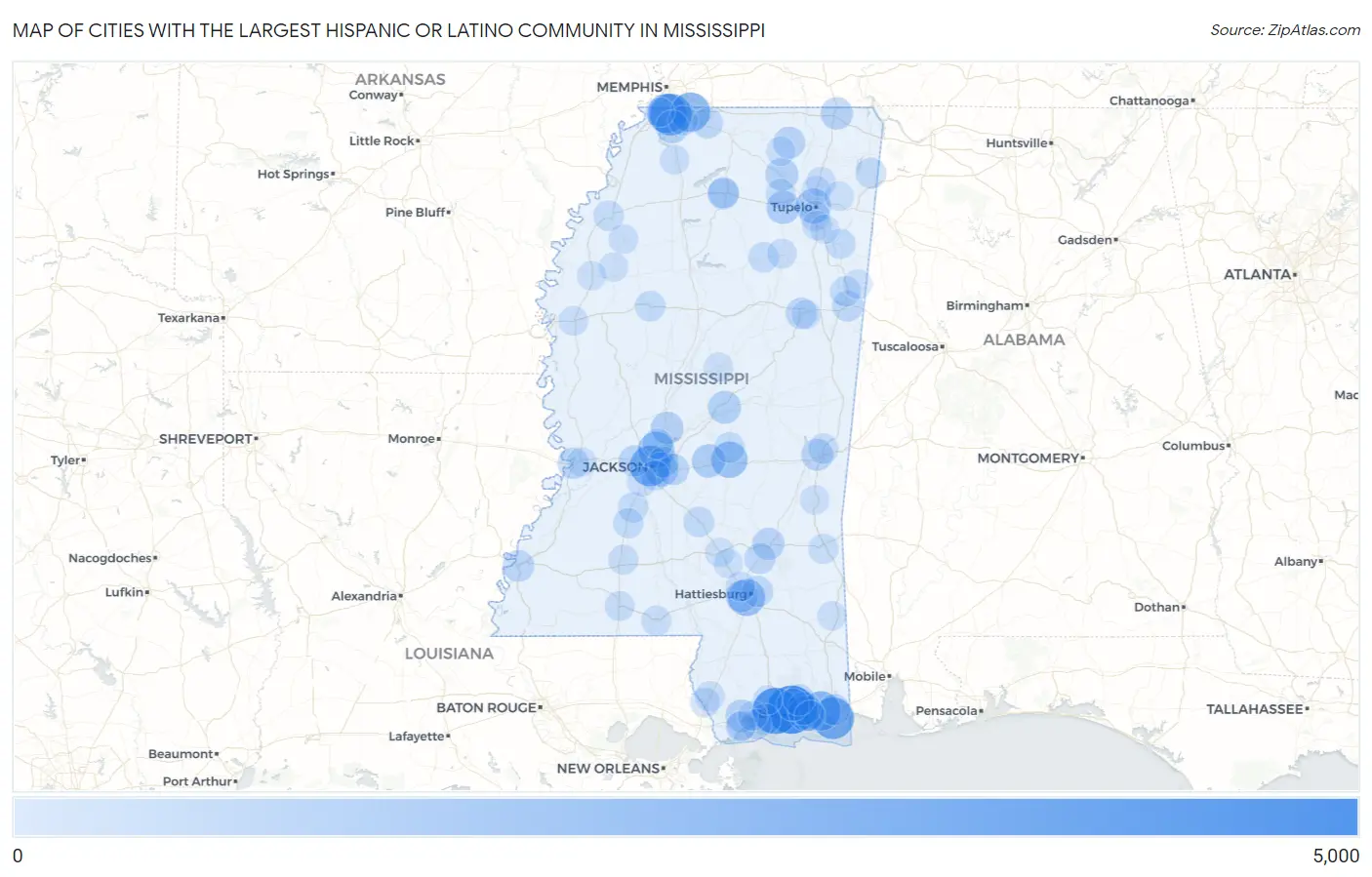 Cities with the Largest Hispanic or Latino Community in Mississippi Map