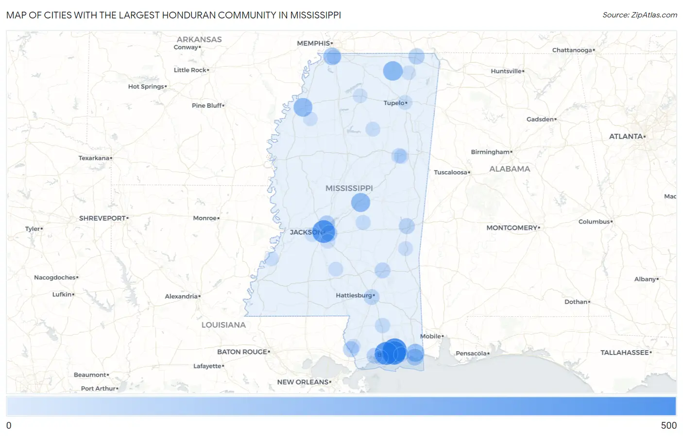 Cities with the Largest Honduran Community in Mississippi Map
