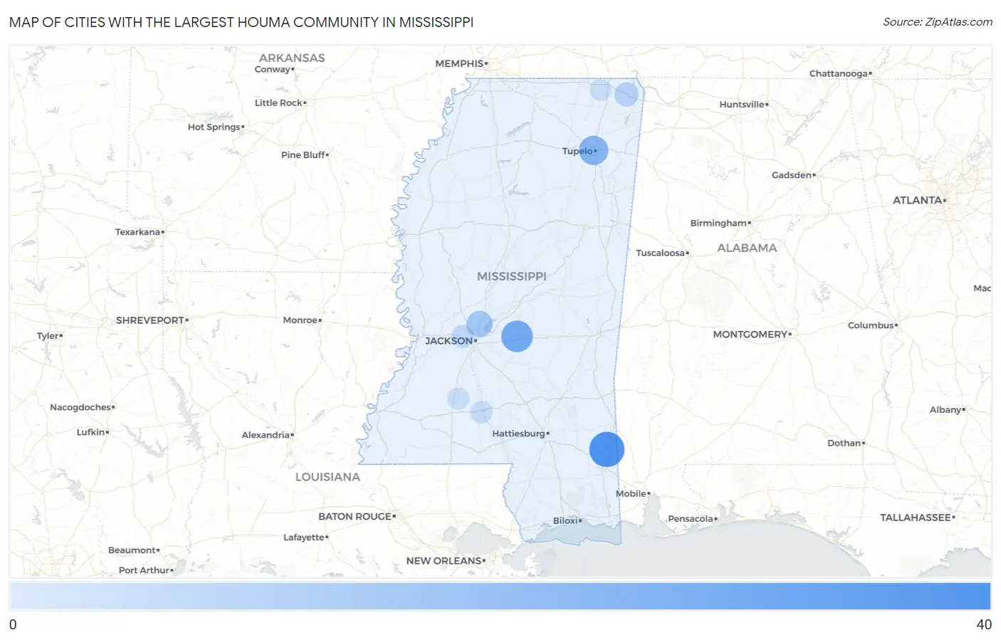 Cities with the Largest Houma Community in Mississippi Map