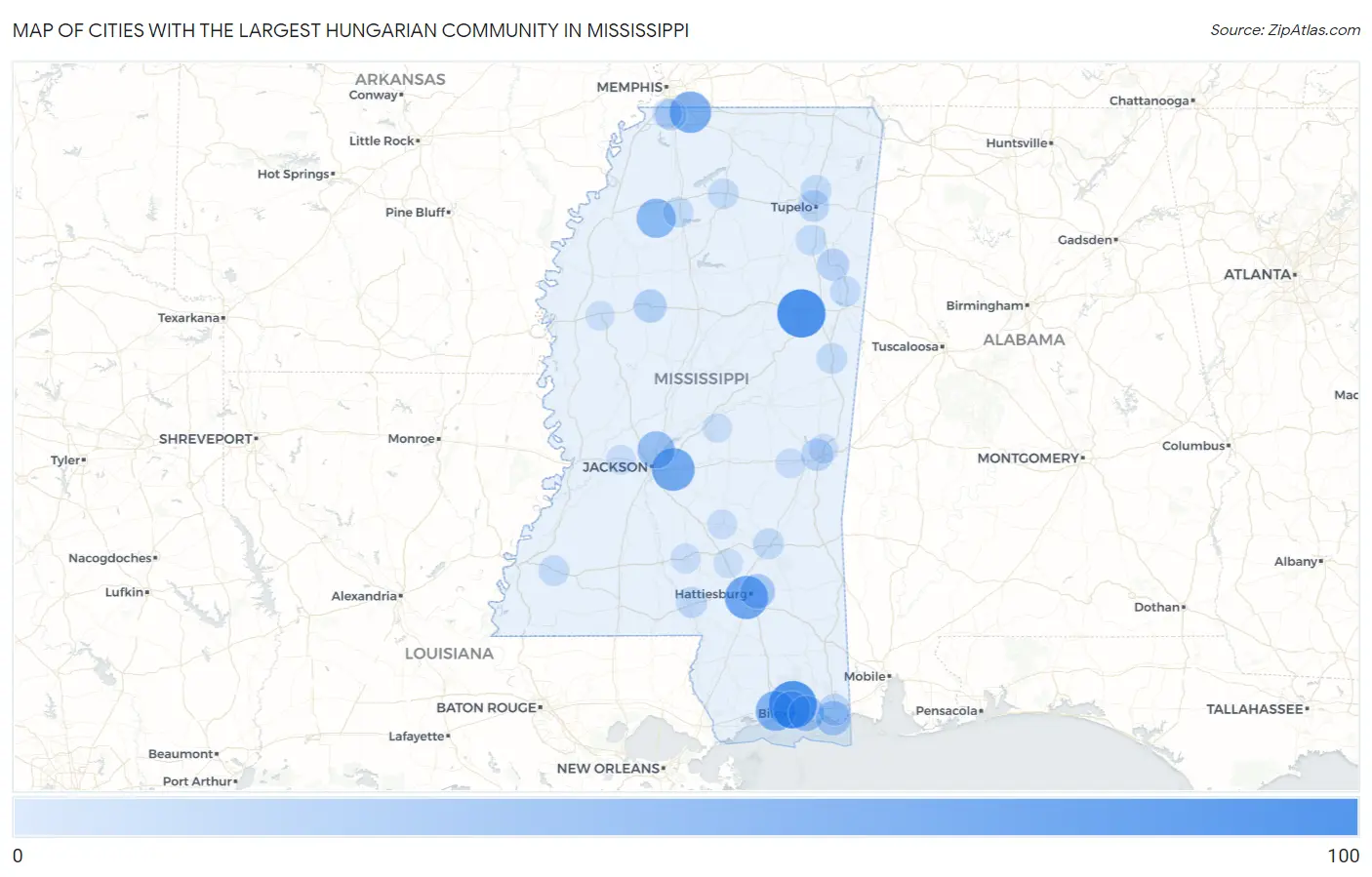 Cities with the Largest Hungarian Community in Mississippi Map