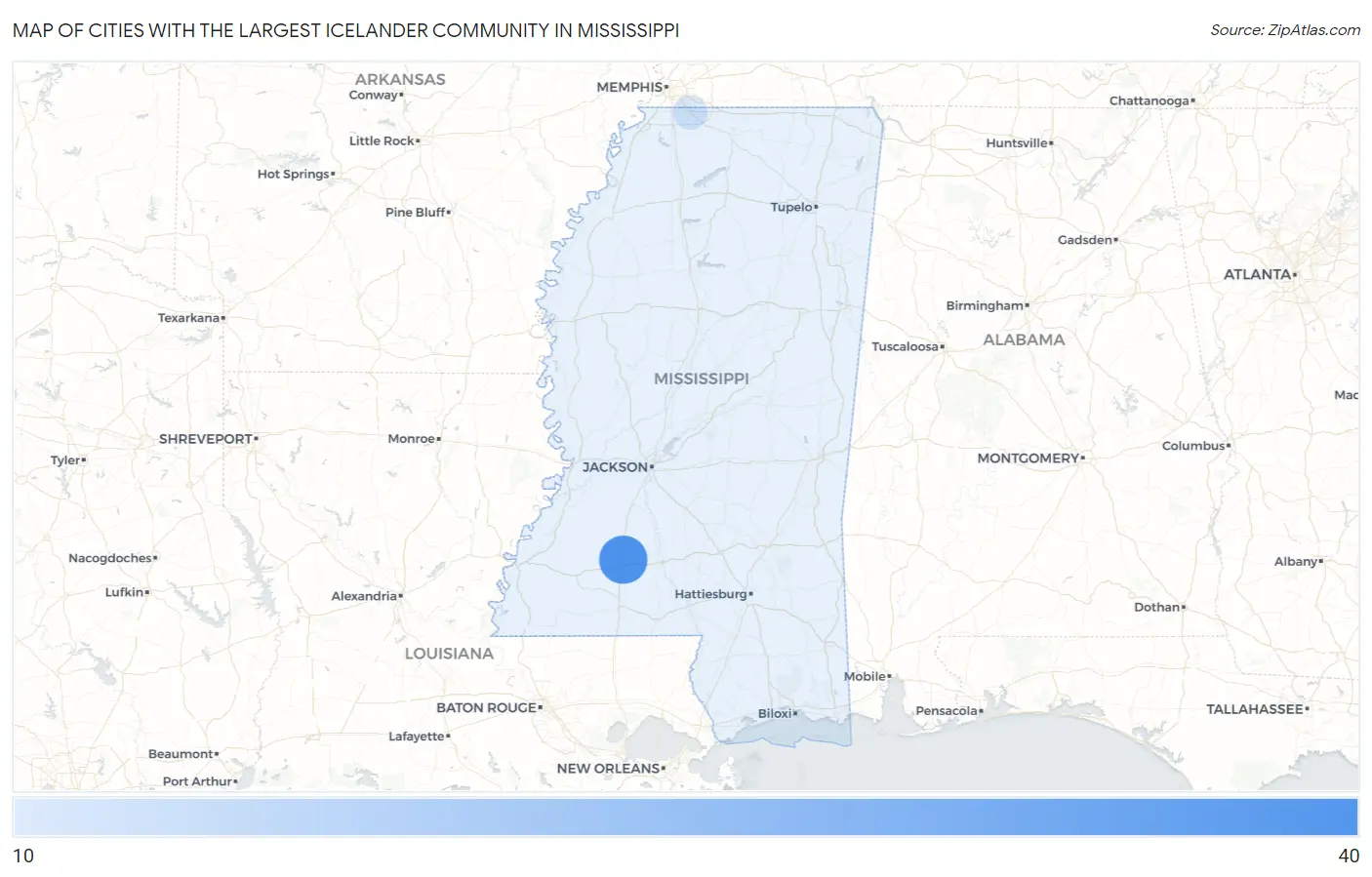 Cities with the Largest Icelander Community in Mississippi Map