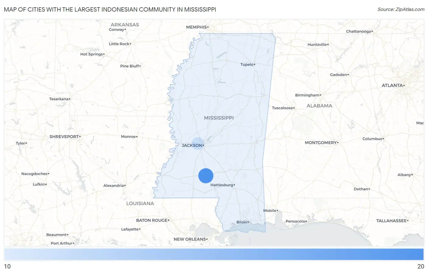 Cities with the Largest Indonesian Community in Mississippi Map