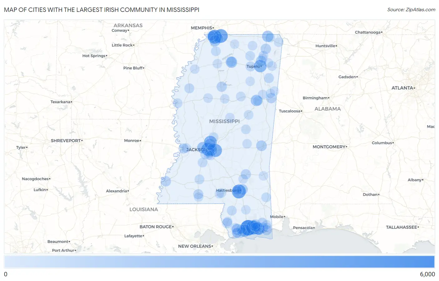 Cities with the Largest Irish Community in Mississippi Map