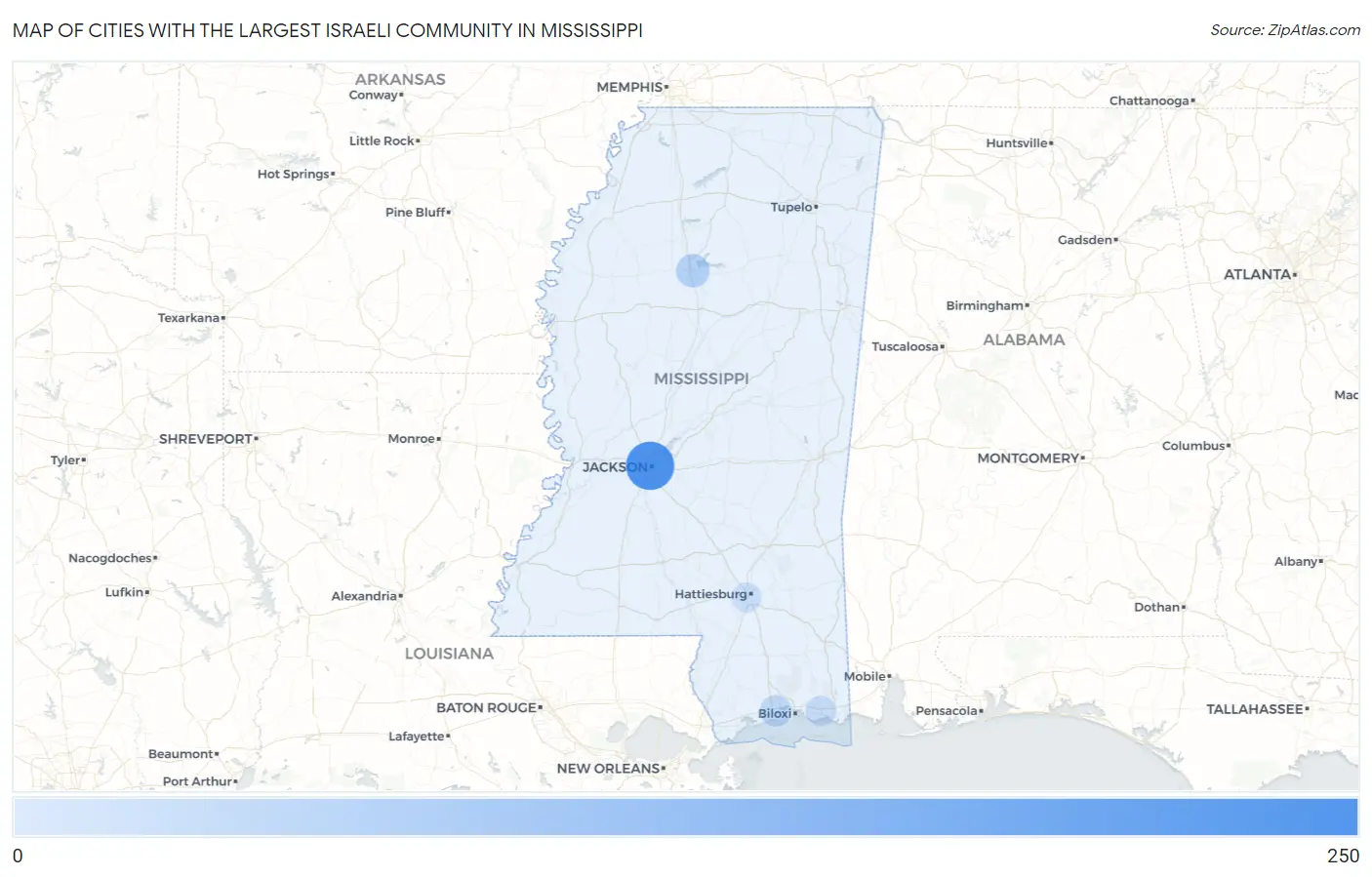 Cities with the Largest Israeli Community in Mississippi Map