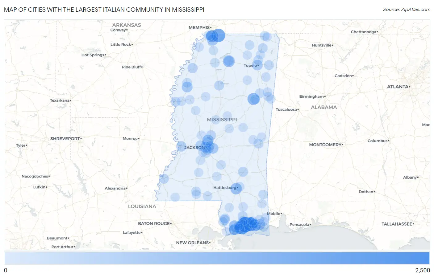 Cities with the Largest Italian Community in Mississippi Map