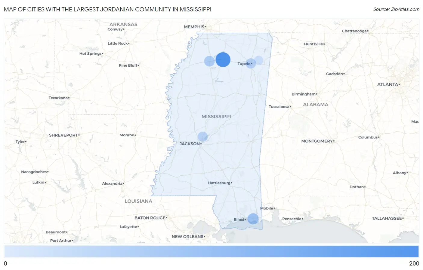 Cities with the Largest Jordanian Community in Mississippi Map