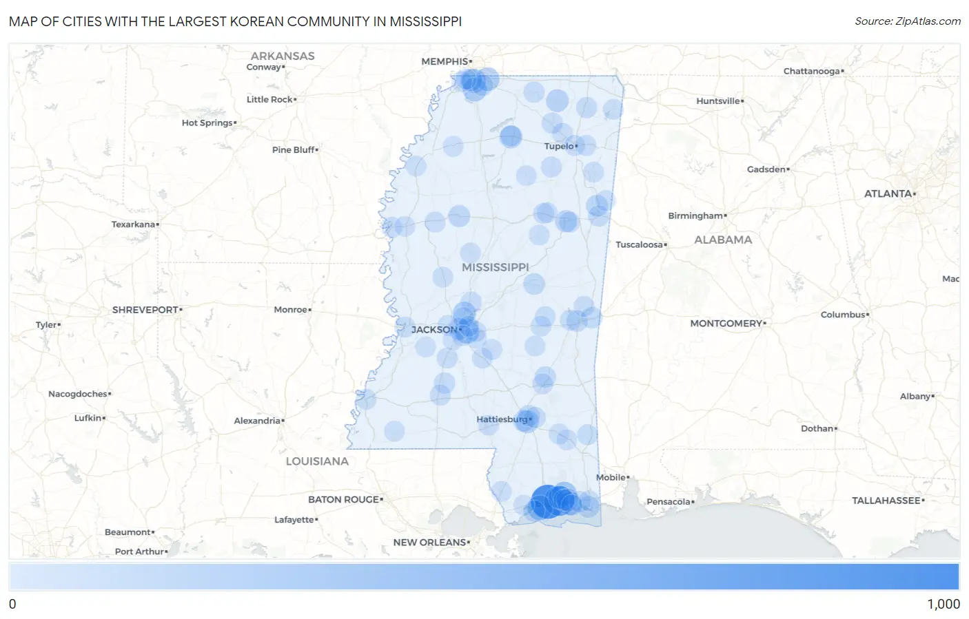 Cities with the Largest Korean Community in Mississippi Map