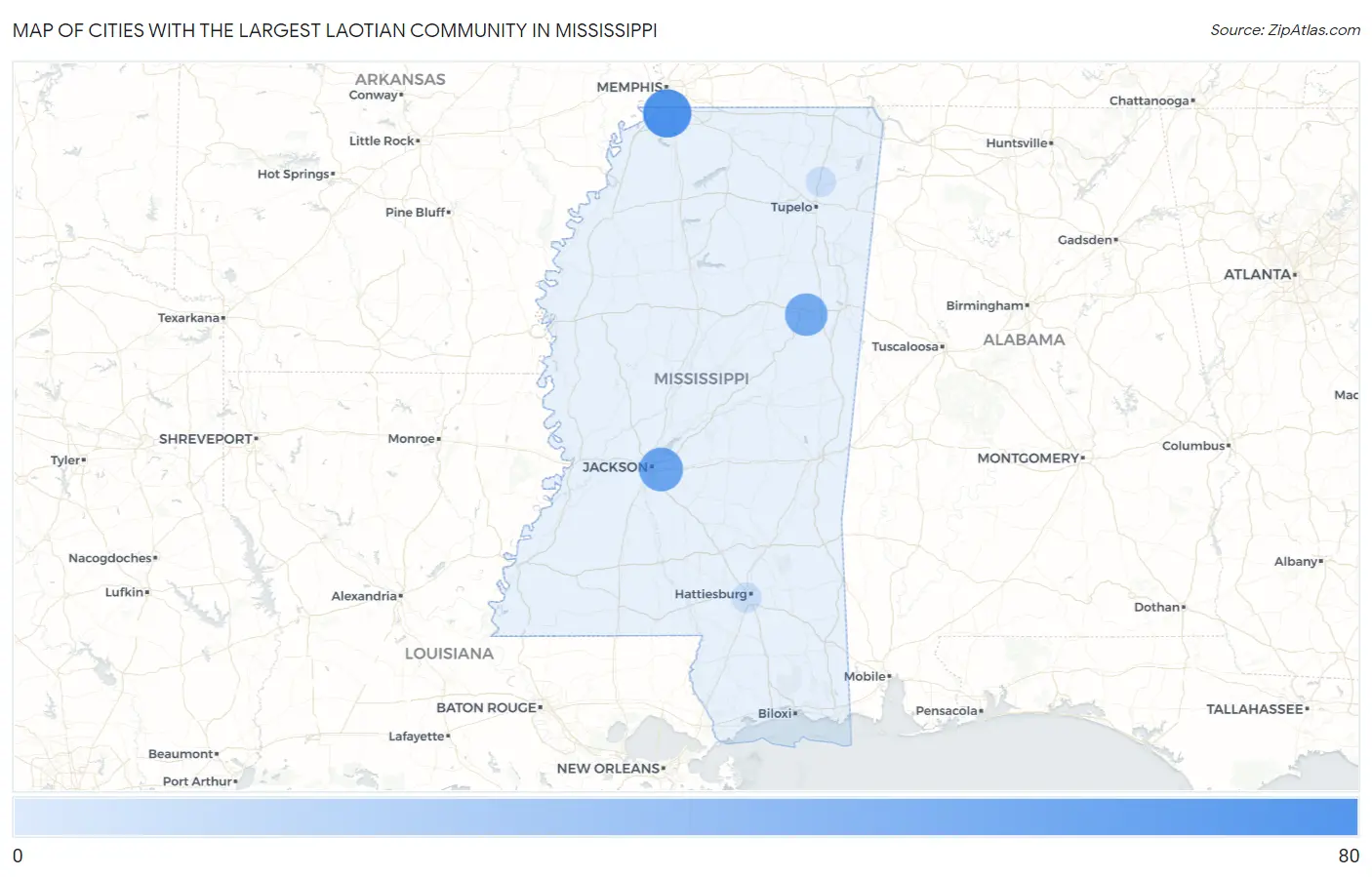 Cities with the Largest Laotian Community in Mississippi Map