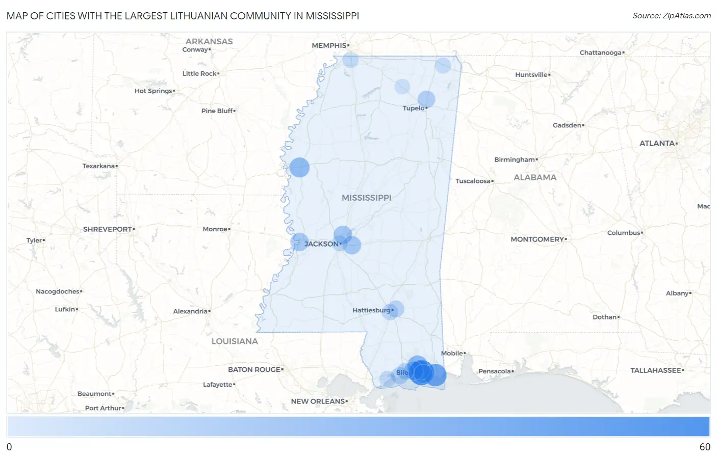Cities with the Largest Lithuanian Community in Mississippi Map