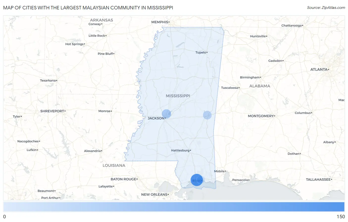 Cities with the Largest Malaysian Community in Mississippi Map