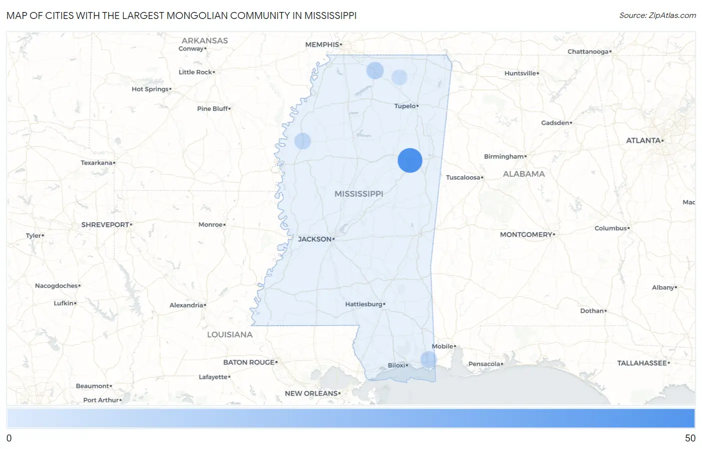 Cities with the Largest Mongolian Community in Mississippi Map