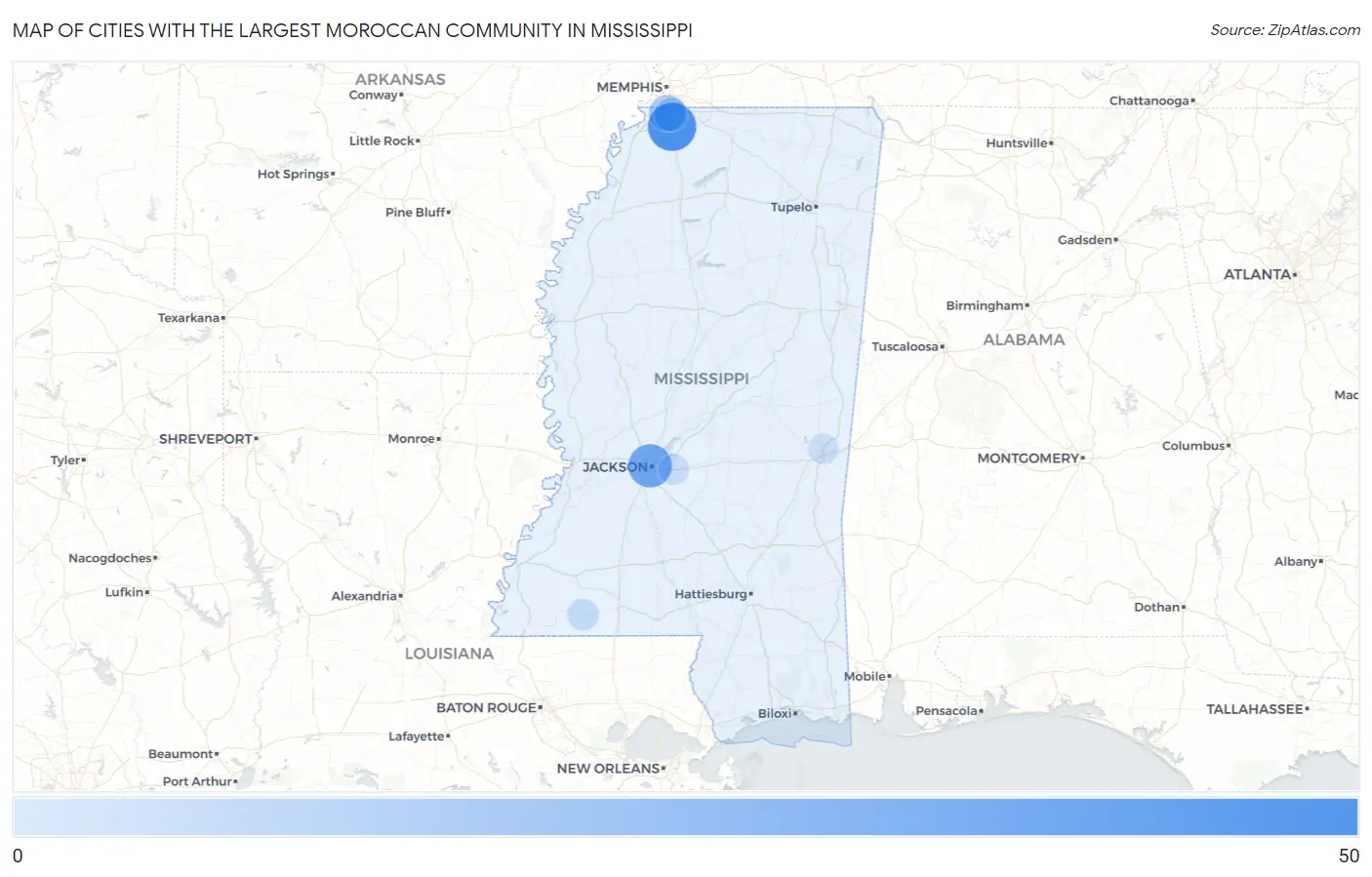 Cities with the Largest Moroccan Community in Mississippi Map