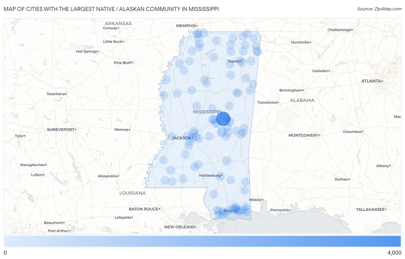 Cities with the Largest Native / Alaskan Community in Mississippi Map