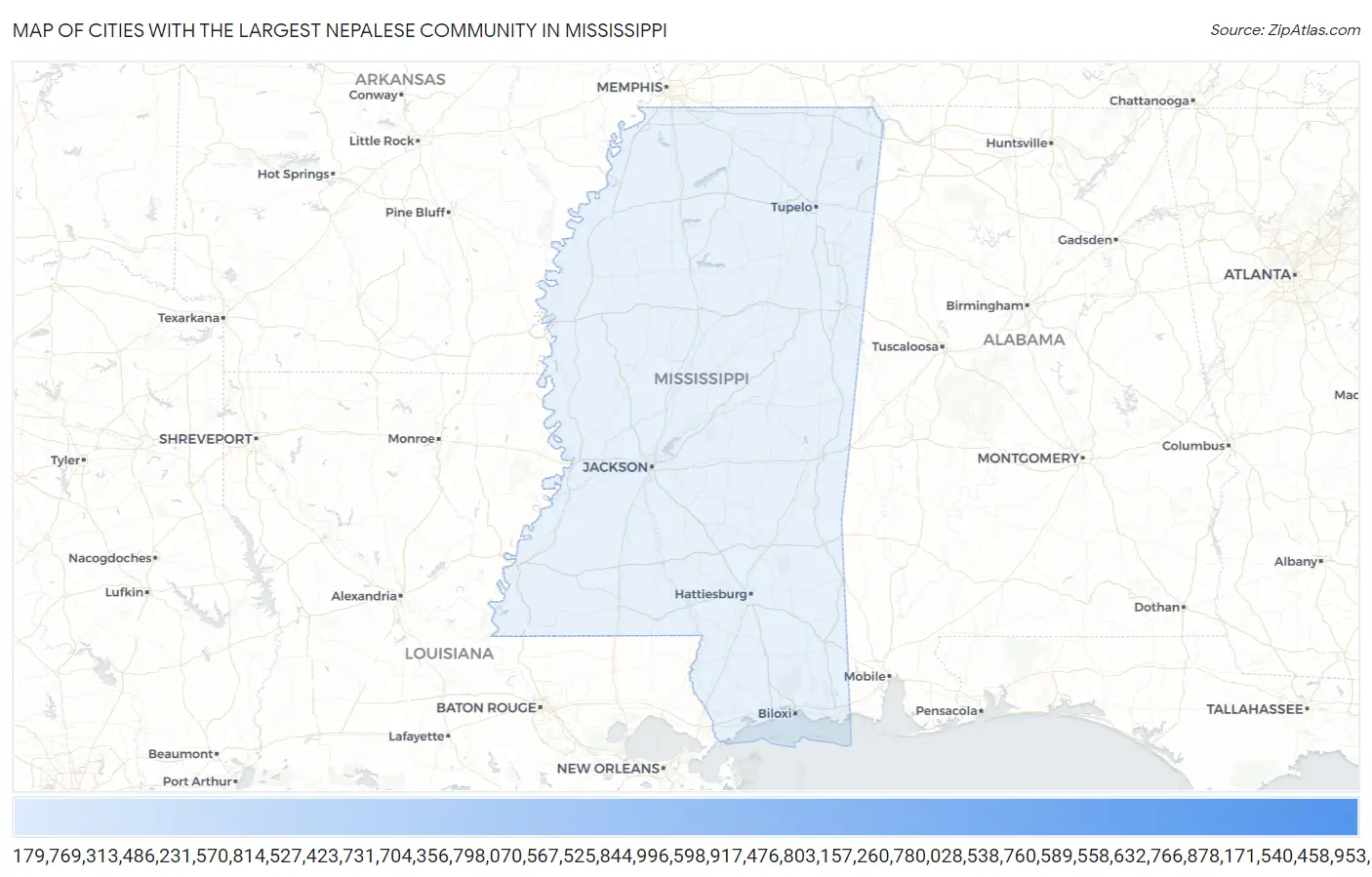 Cities with the Largest Nepalese Community in Mississippi Map