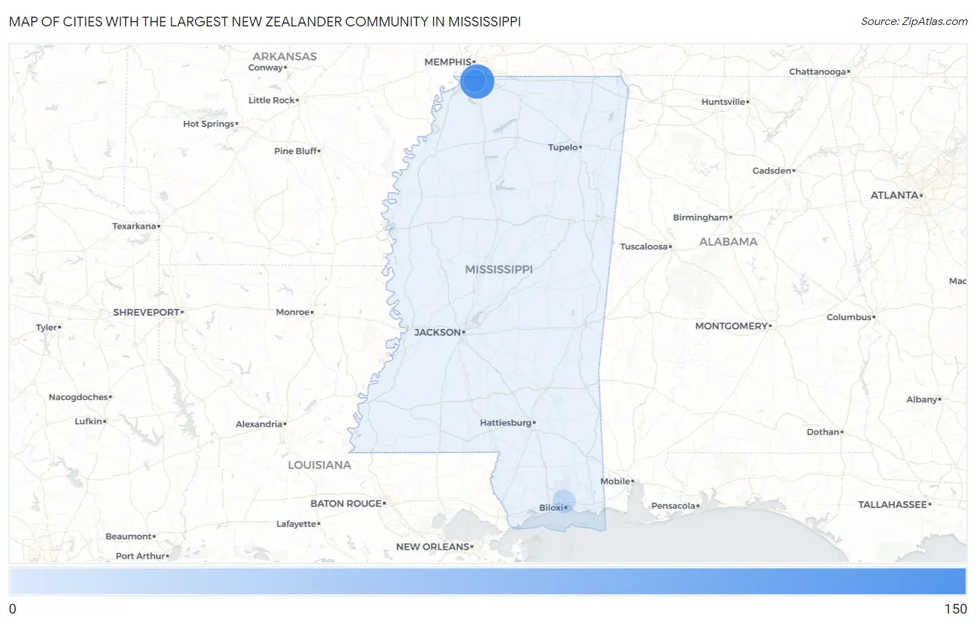 Cities with the Largest New Zealander Community in Mississippi Map