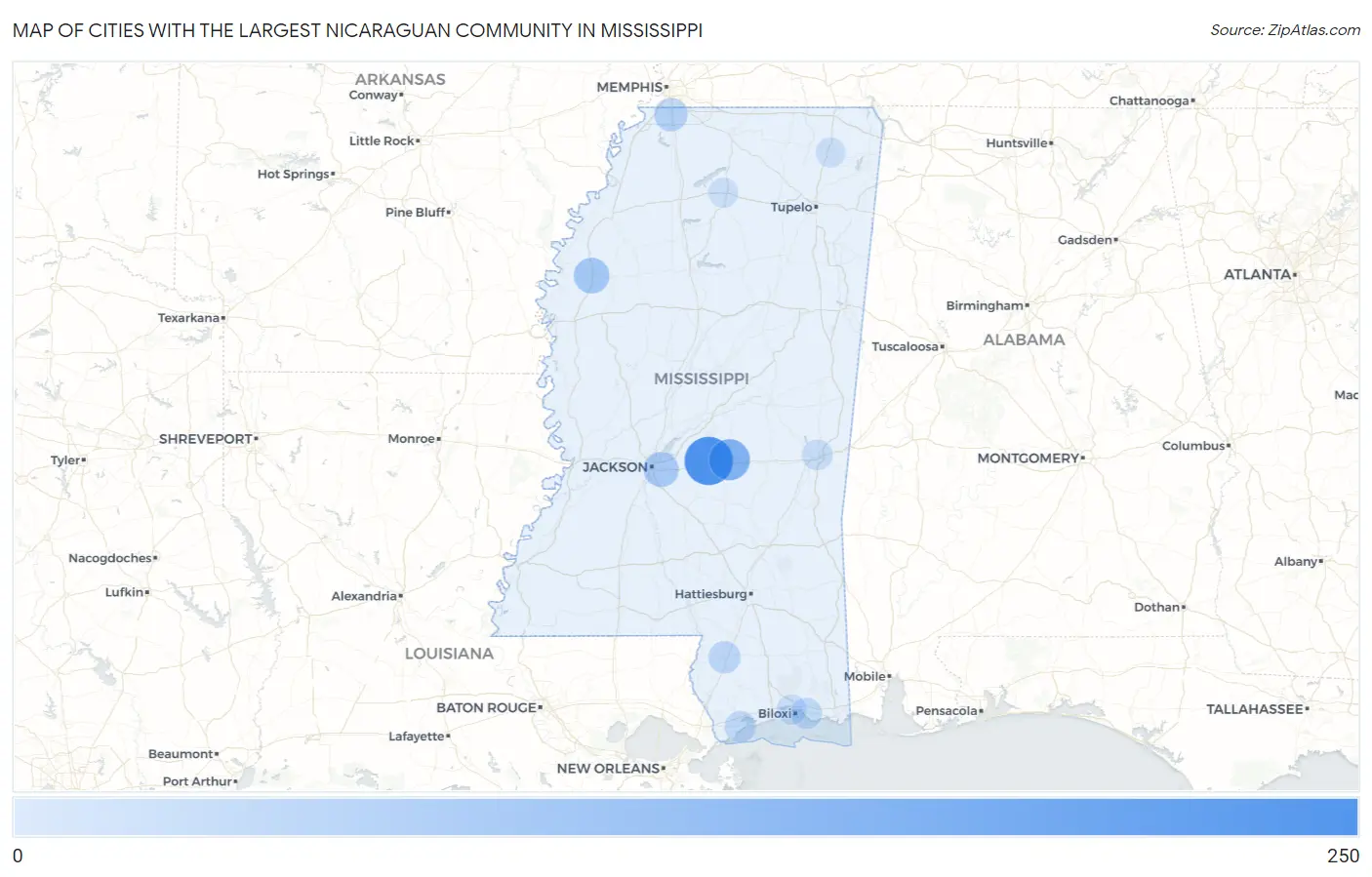 Cities with the Largest Nicaraguan Community in Mississippi Map